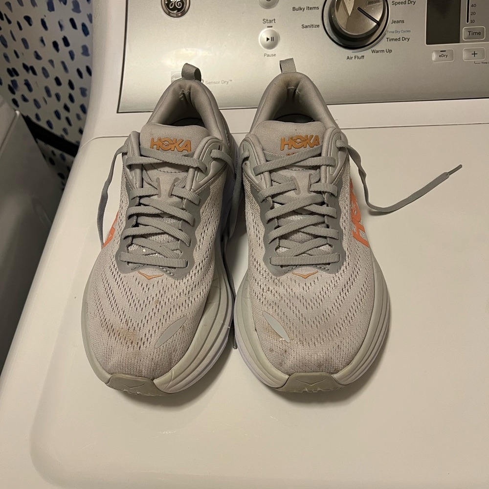 Hoka Light Gray and Orange Athletic Shoes
